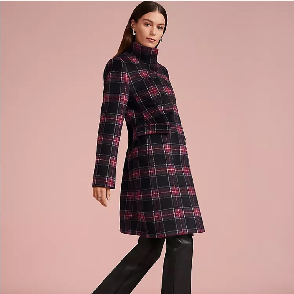 🆕NWT Ann Taylor plaid funnel neck tailored coat